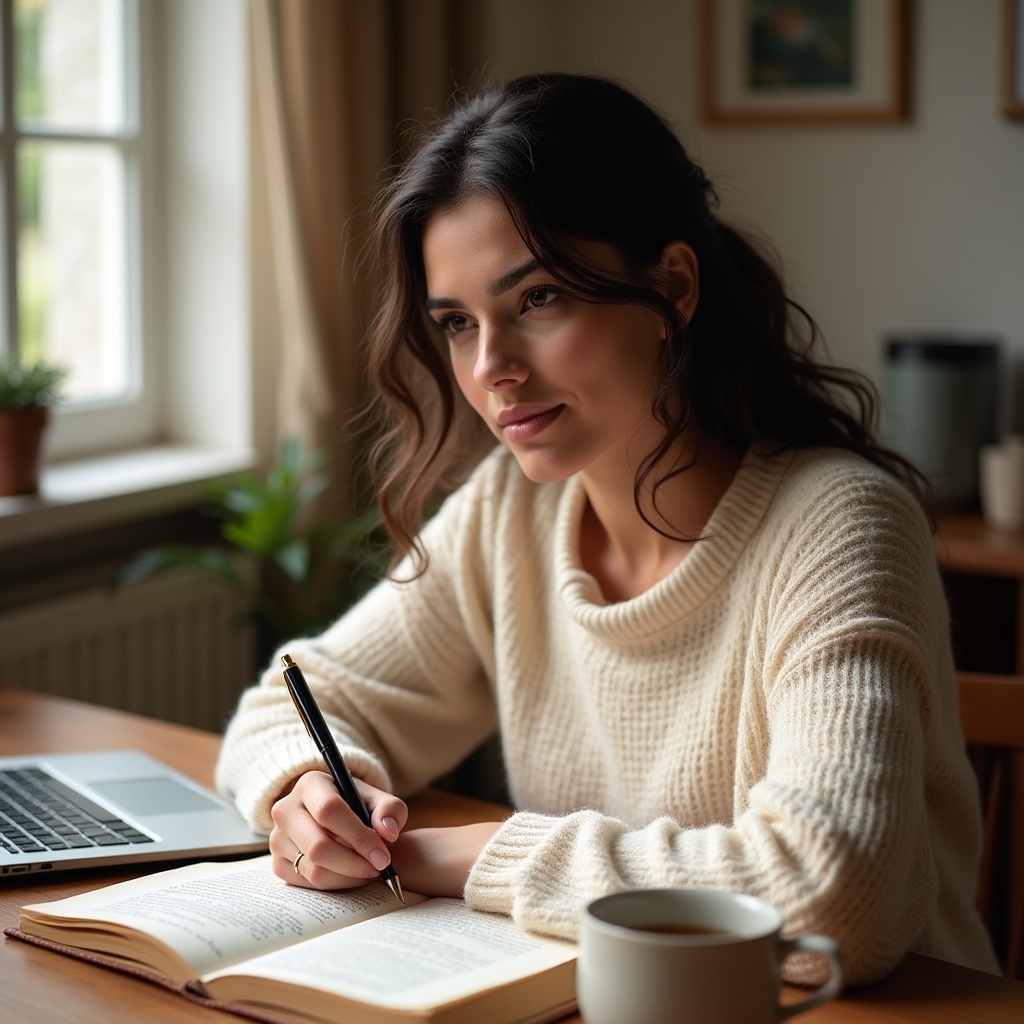 Persoană scriind de mână într-un jurnal, lângă un laptop deschis, într-o cameră luminoasă