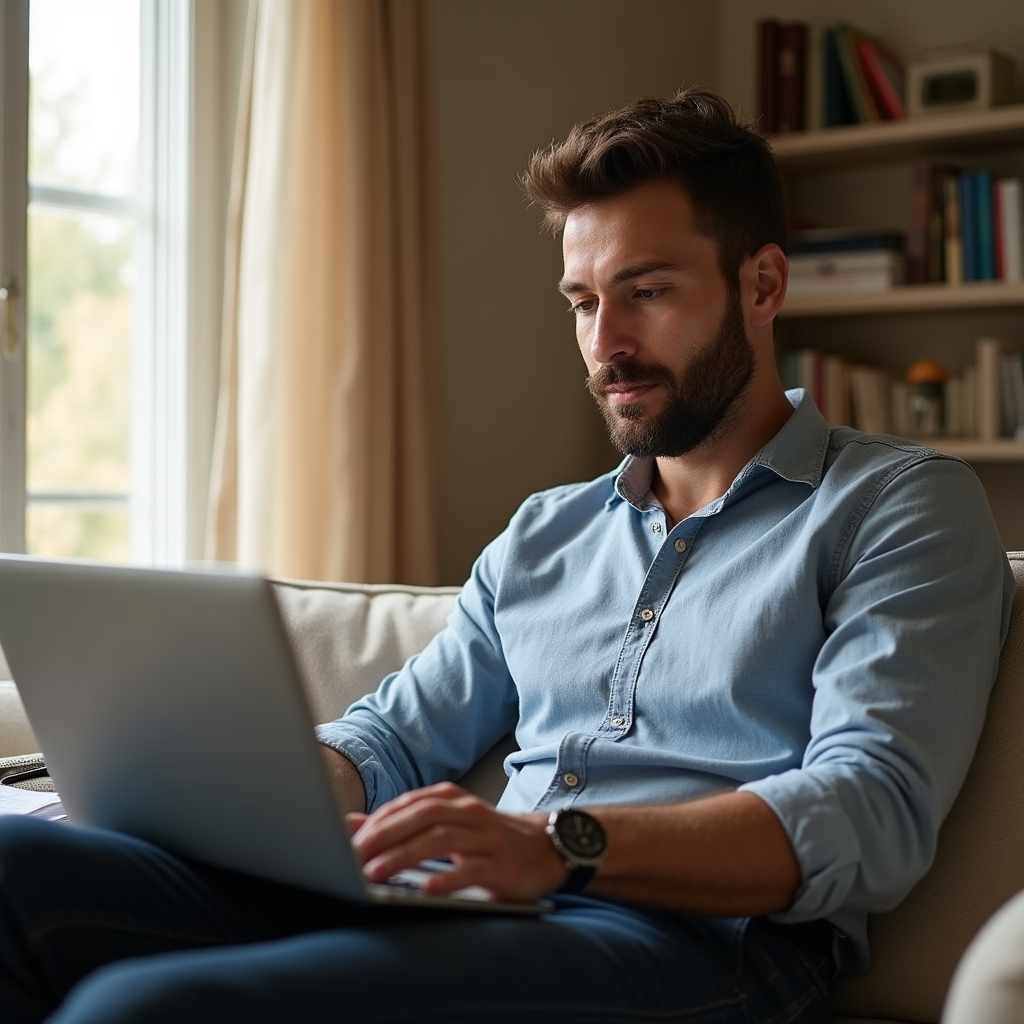 Persoană citind comentarii pe un text afișat pe laptop, într-o cameră luminoasă